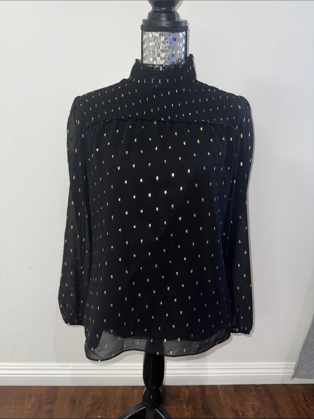 White House Black Market Black Blouse with Gold Dot Accents